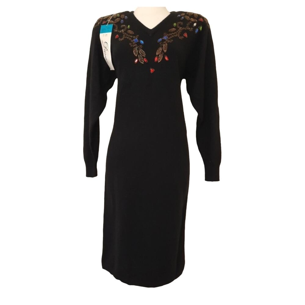 NWT VTG  Long Sleeve Short Sweater Dress Sz Small Black Beaded Rhinestone Detail